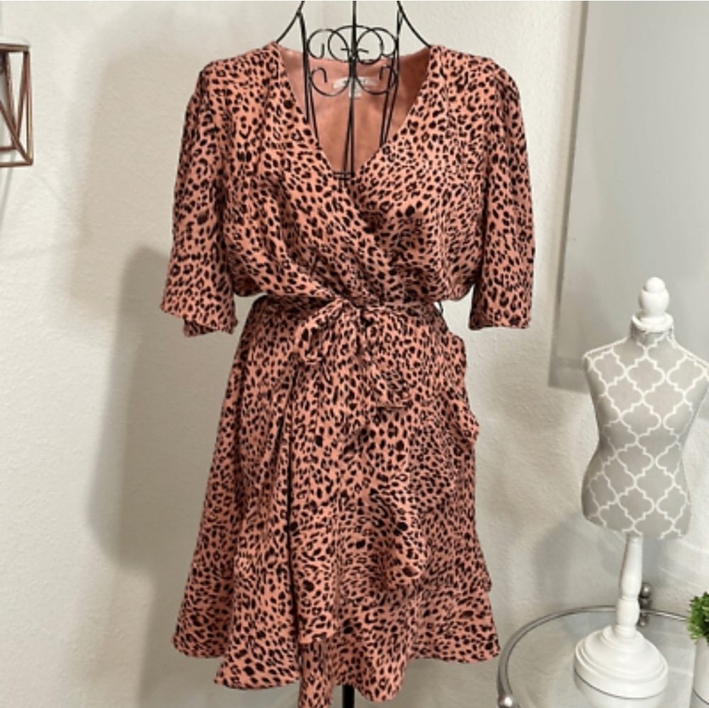 Miami- Coral Leopard Print Wrap Dress. Size XS